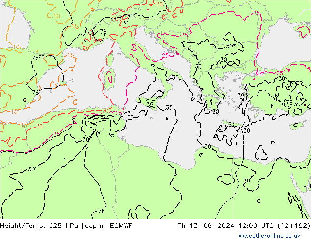 Height/Temp. 925 hPa ECMWF Th 13.06.2024 12 UTC