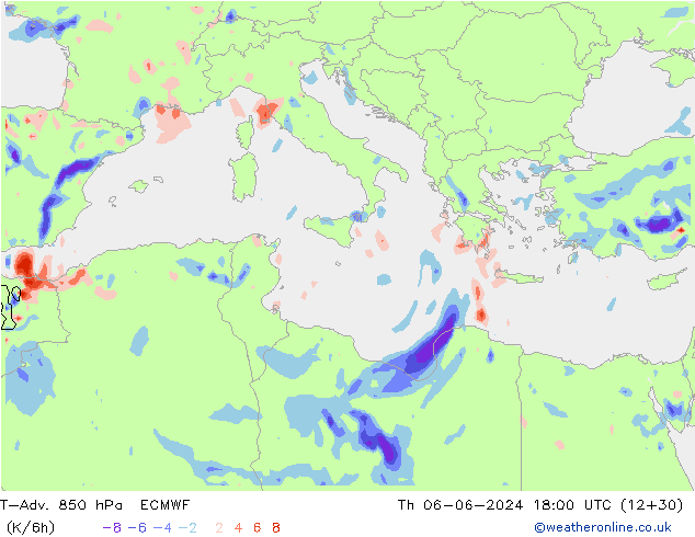 T-Adv. 850 гПа ECMWF чт 06.06.2024 18 UTC