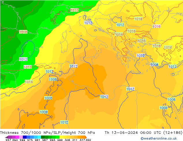 Espesor 700-1000 hPa ECMWF jue 13.06.2024 06 UTC