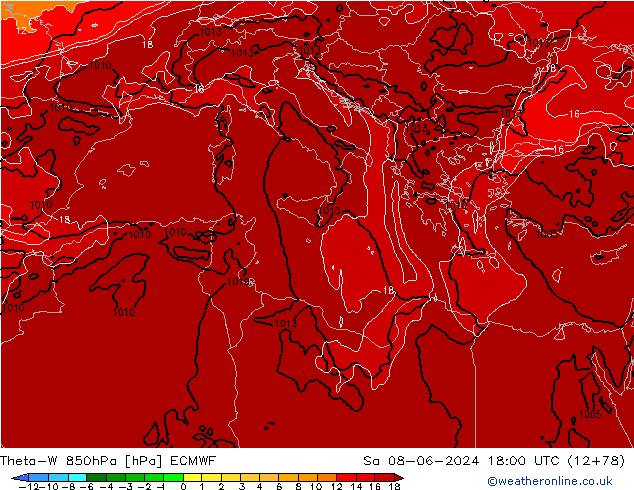 Theta-W 850hPa ECMWF Sáb 08.06.2024 18 UTC