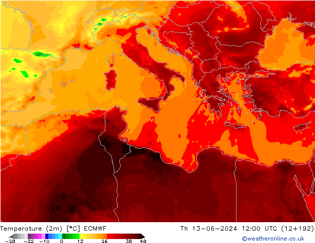 Temperatuurkaart (2m) ECMWF do 13.06.2024 12 UTC