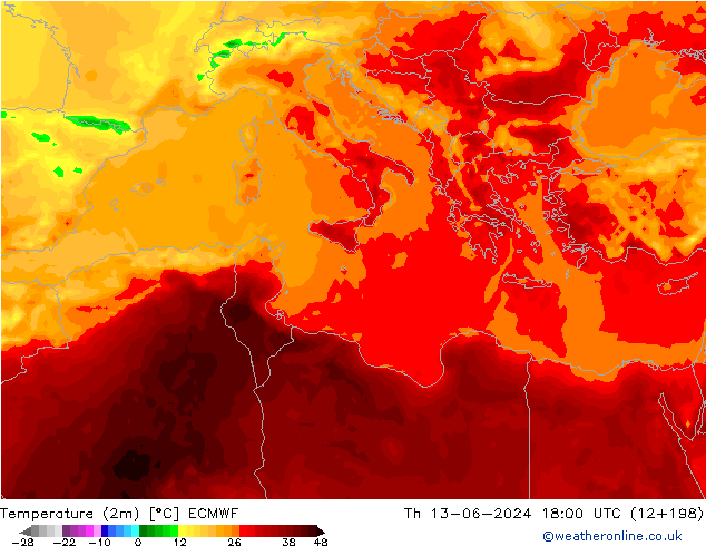 Temperature (2m) ECMWF Čt 13.06.2024 18 UTC