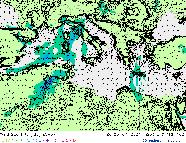 Vento 850 hPa ECMWF Dom 09.06.2024 18 UTC