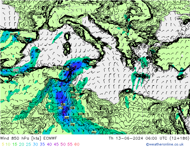 Viento 850 hPa ECMWF jue 13.06.2024 06 UTC