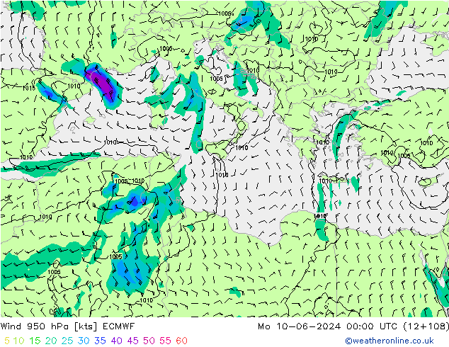 wiatr 950 hPa ECMWF pon. 10.06.2024 00 UTC