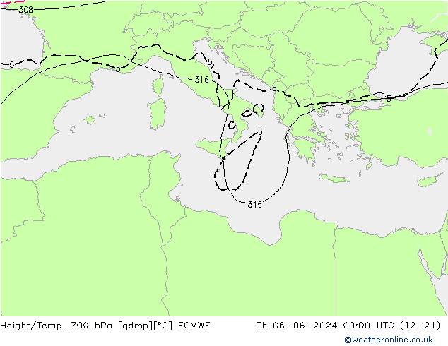 Height/Temp. 700 hPa ECMWF Qui 06.06.2024 09 UTC