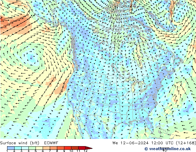 Viento 10 m (bft) ECMWF mié 12.06.2024 12 UTC