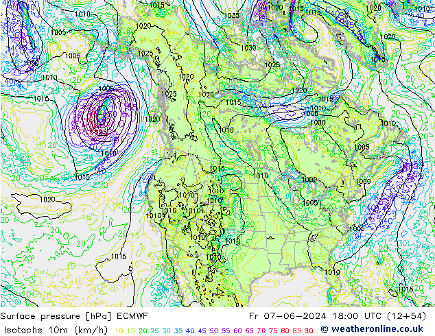 Isotachs (kph) ECMWF  07.06.2024 18 UTC