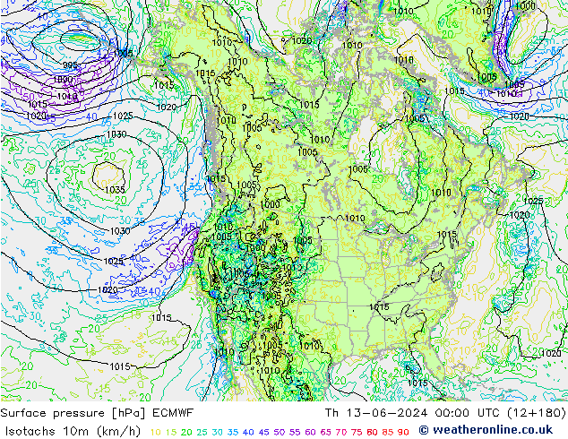 Isotachs (kph) ECMWF Th 13.06.2024 00 UTC