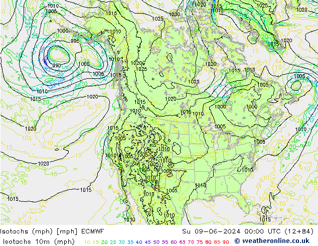 Isotachen (mph) ECMWF So 09.06.2024 00 UTC