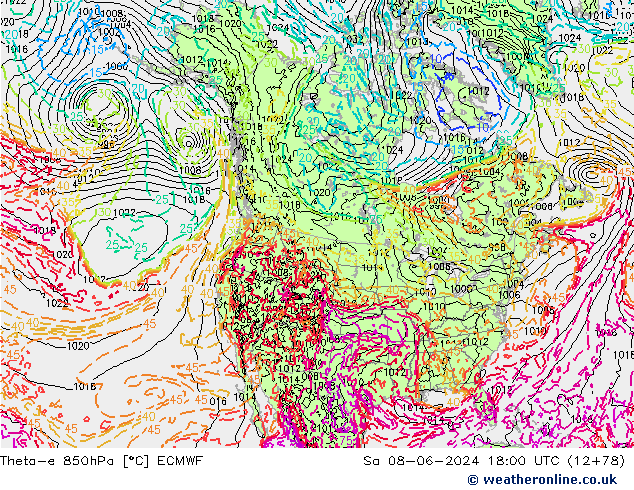 Theta-e 850hPa ECMWF sab 08.06.2024 18 UTC