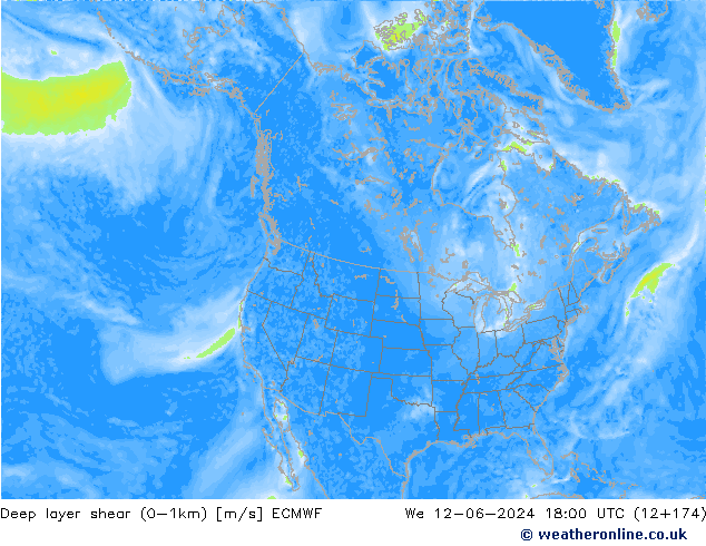 Deep layer shear (0-1km) ECMWF ср 12.06.2024 18 UTC