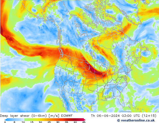 Deep layer shear (0-6km) ECMWF do 06.06.2024 03 UTC