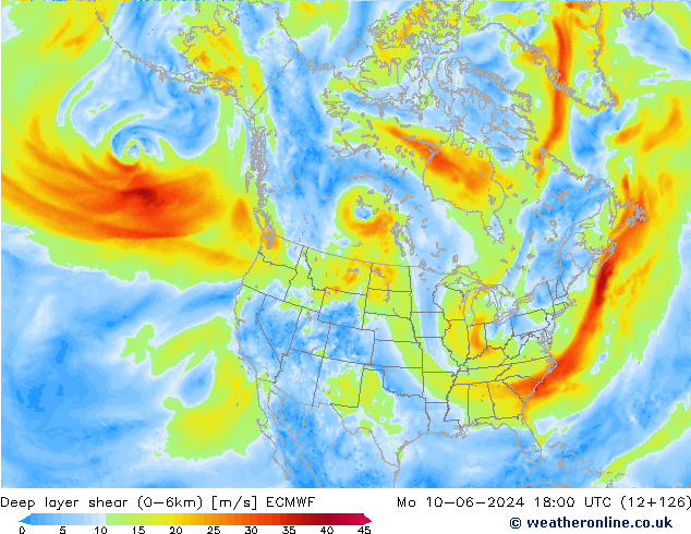 Deep layer shear (0-6km) ECMWF lun 10.06.2024 18 UTC