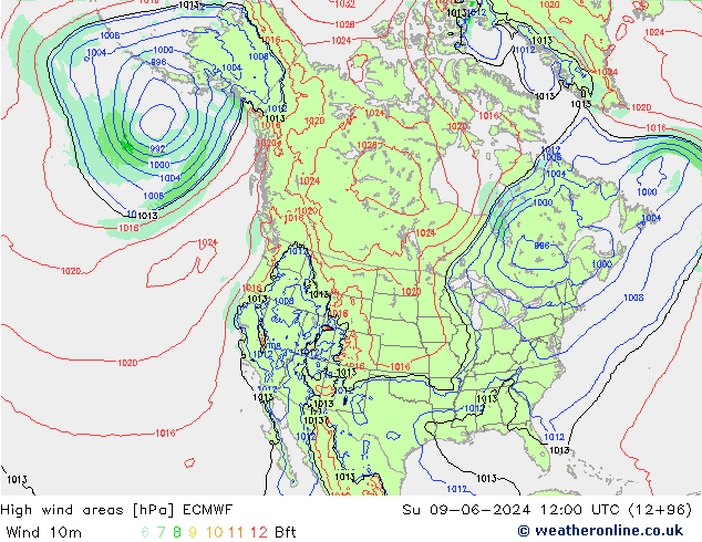 High wind areas ECMWF dom 09.06.2024 12 UTC