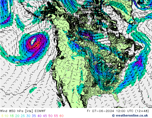 Rüzgar 850 hPa ECMWF Cu 07.06.2024 12 UTC