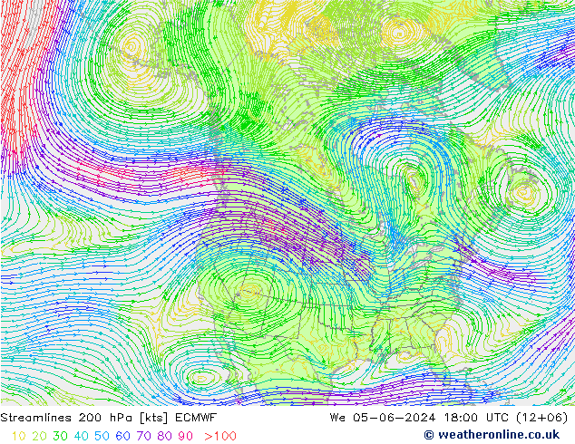 Streamlines 200 hPa ECMWF We 05.06.2024 18 UTC