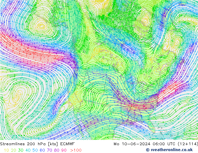 Streamlines 200 hPa ECMWF Mo 10.06.2024 06 UTC