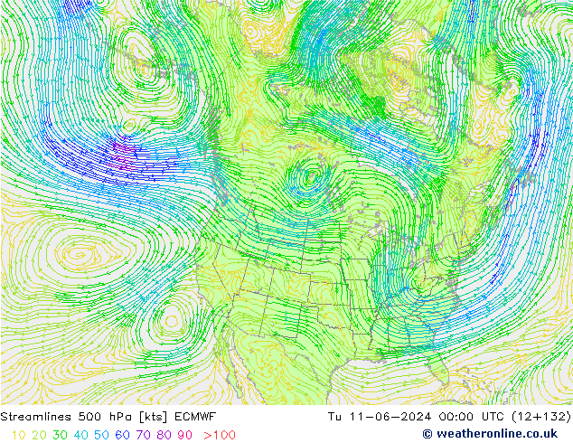 Linea di flusso 500 hPa ECMWF mar 11.06.2024 00 UTC