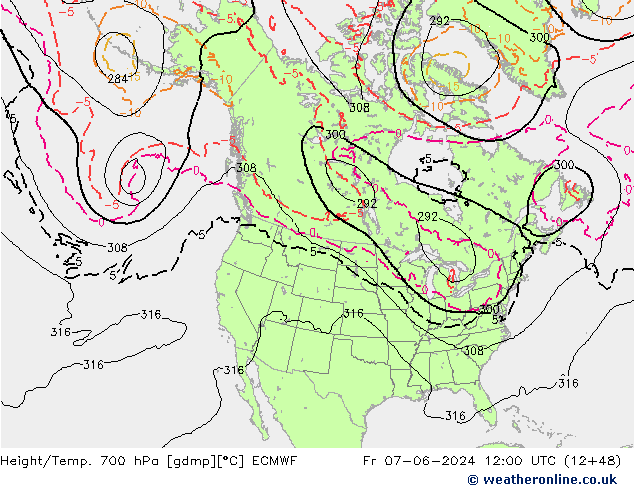 Height/Temp. 700 hPa ECMWF Fr 07.06.2024 12 UTC