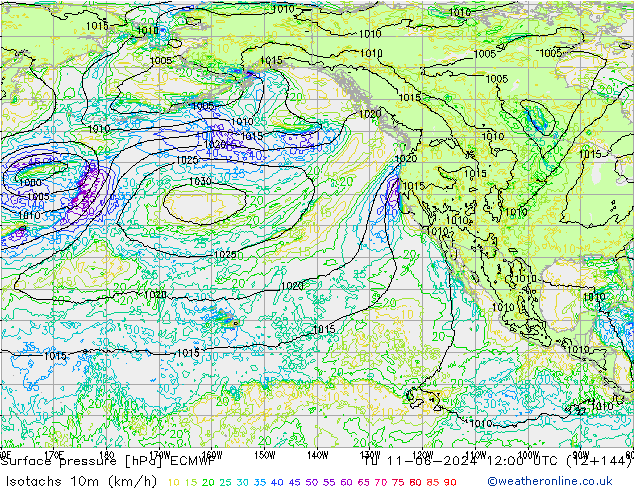 Isotachs (kph) ECMWF Tu 11.06.2024 12 UTC