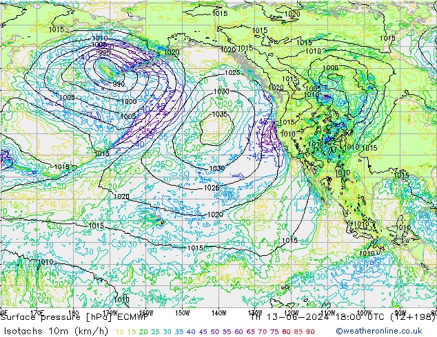 Isotachs (kph) ECMWF  13.06.2024 18 UTC