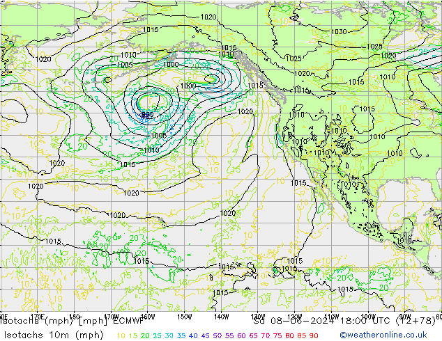 Isotachs (mph) ECMWF sab 08.06.2024 18 UTC