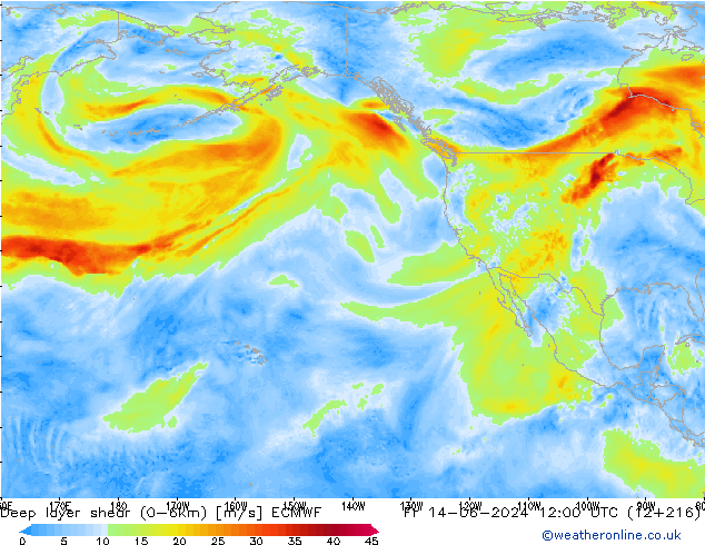 Deep layer shear (0-6km) ECMWF ven 14.06.2024 12 UTC