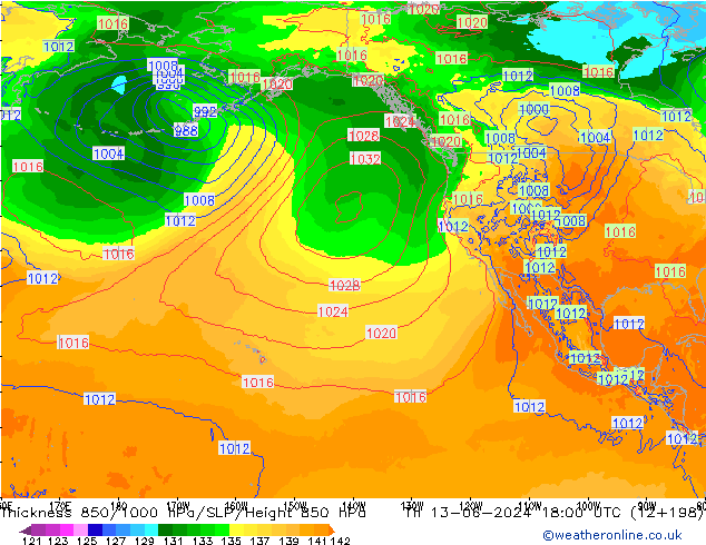 Dikte 850-1000 hPa ECMWF do 13.06.2024 18 UTC