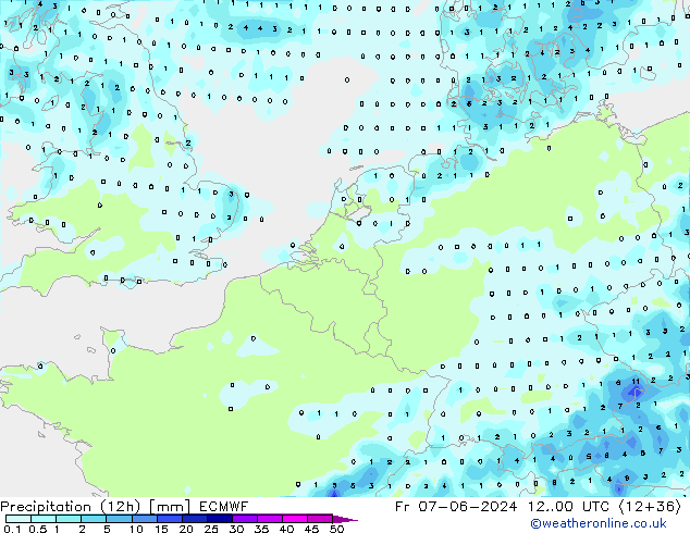 Precipitation (12h) ECMWF Pá 07.06.2024 00 UTC