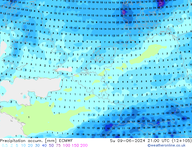 Totale neerslag ECMWF zo 09.06.2024 21 UTC