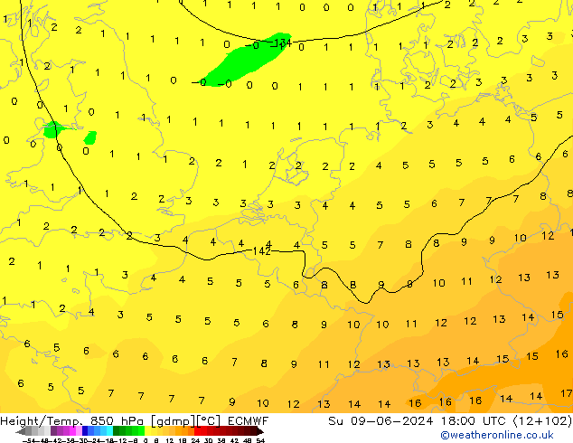 Height/Temp. 850 hPa ECMWF Su 09.06.2024 18 UTC