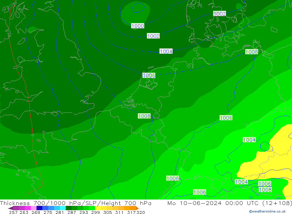 Thck 700-1000 hPa ECMWF lun 10.06.2024 00 UTC