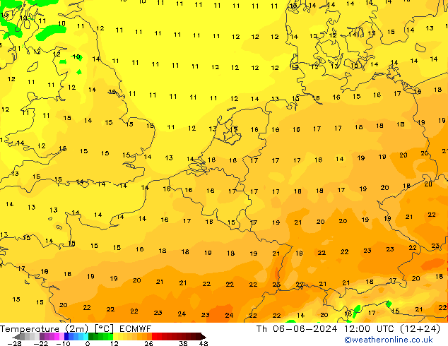 Temperatura (2m) ECMWF gio 06.06.2024 12 UTC