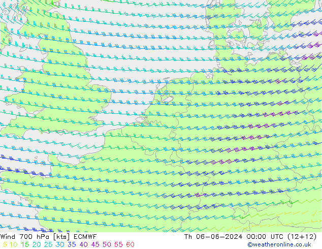 Wind 700 hPa ECMWF Do 06.06.2024 00 UTC