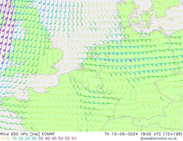 Wind 950 hPa ECMWF Do 13.06.2024 18 UTC