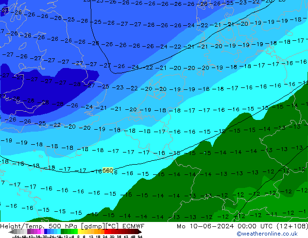 Z500/Rain (+SLP)/Z850 ECMWF пн 10.06.2024 00 UTC