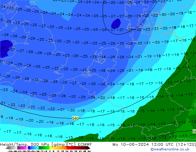 Height/Temp. 500 hPa ECMWF Mo 10.06.2024 12 UTC