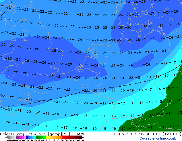 Z500/Rain (+SLP)/Z850 ECMWF Út 11.06.2024 00 UTC