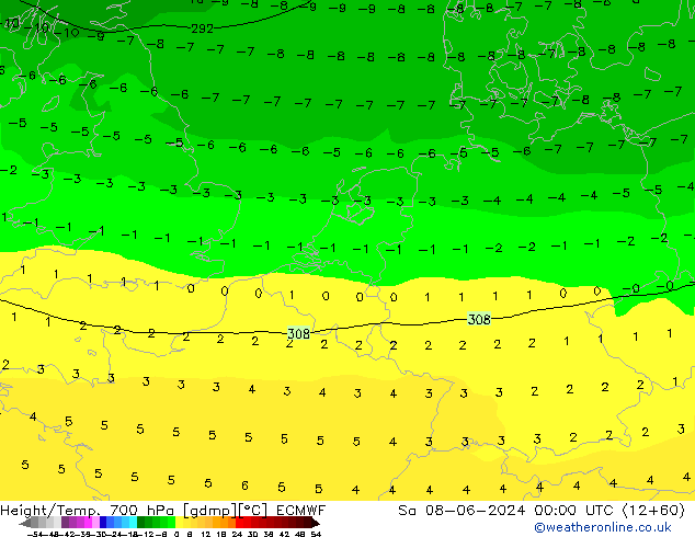 Géop./Temp. 700 hPa ECMWF sam 08.06.2024 00 UTC