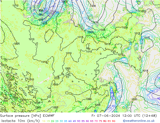 Isotachs (kph) ECMWF Fr 07.06.2024 12 UTC