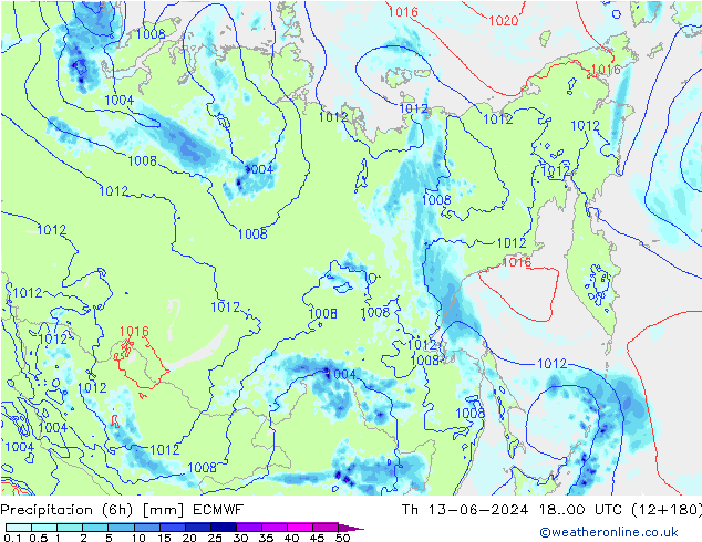 Precipitation (6h) ECMWF Th 13.06.2024 00 UTC