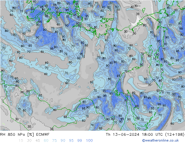 RH 850 hPa ECMWF Qui 13.06.2024 18 UTC