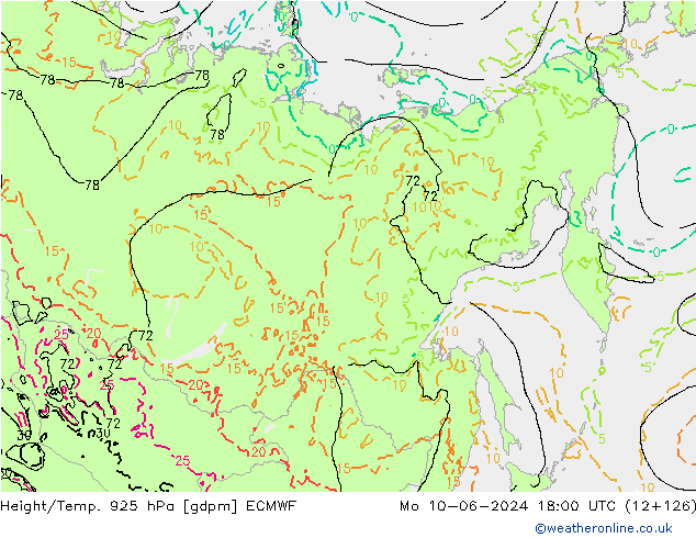 Height/Temp. 925 hPa ECMWF pon. 10.06.2024 18 UTC