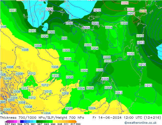 Espesor 700-1000 hPa ECMWF vie 14.06.2024 12 UTC