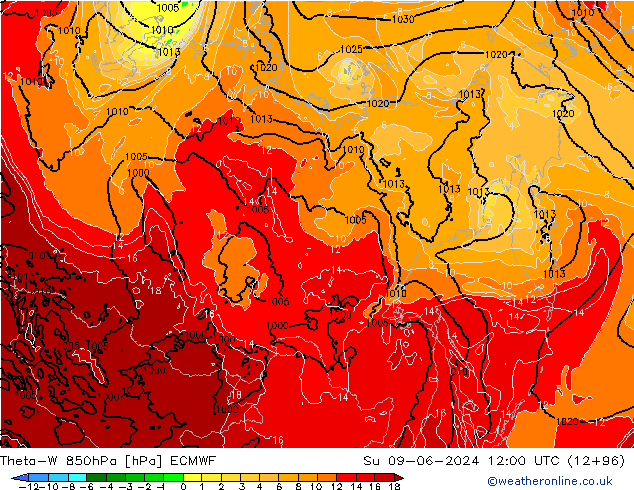 Theta-W 850гПа ECMWF Вс 09.06.2024 12 UTC