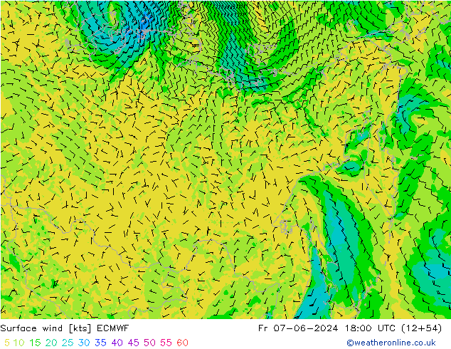 Rüzgar 10 m ECMWF Cu 07.06.2024 18 UTC