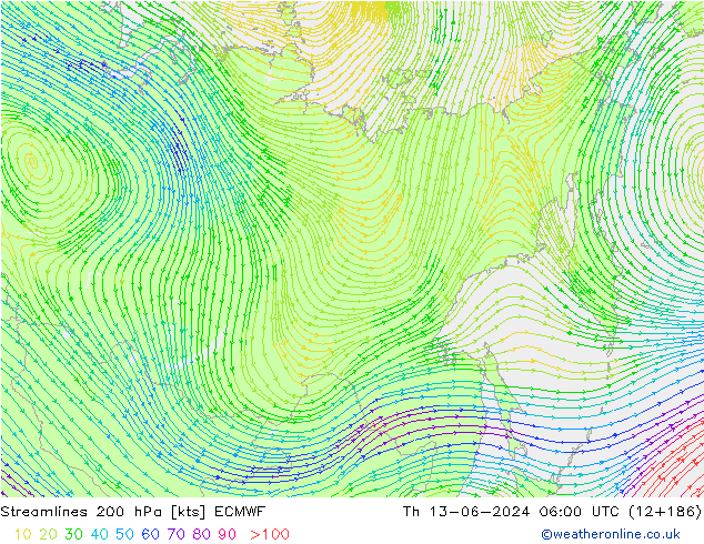 Streamlines 200 hPa ECMWF Th 13.06.2024 06 UTC