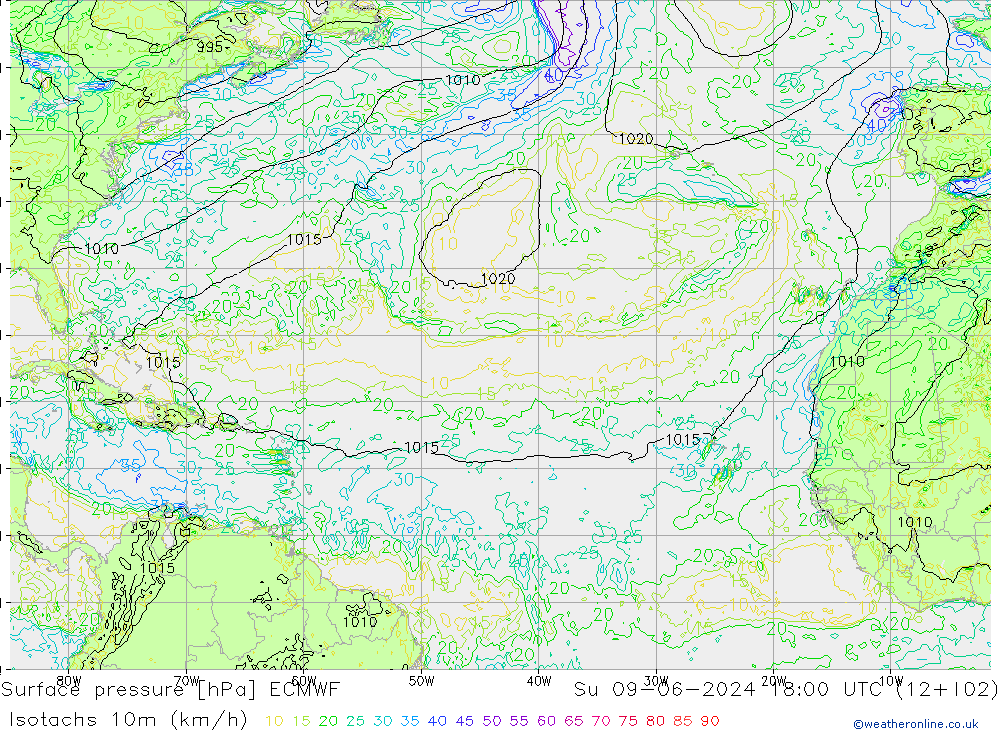 Isotachs (kph) ECMWF Ne 09.06.2024 18 UTC