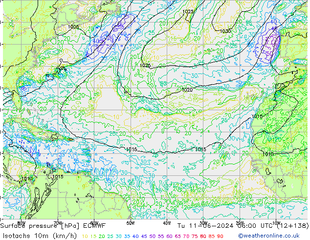 Isotachs (kph) ECMWF Tu 11.06.2024 06 UTC